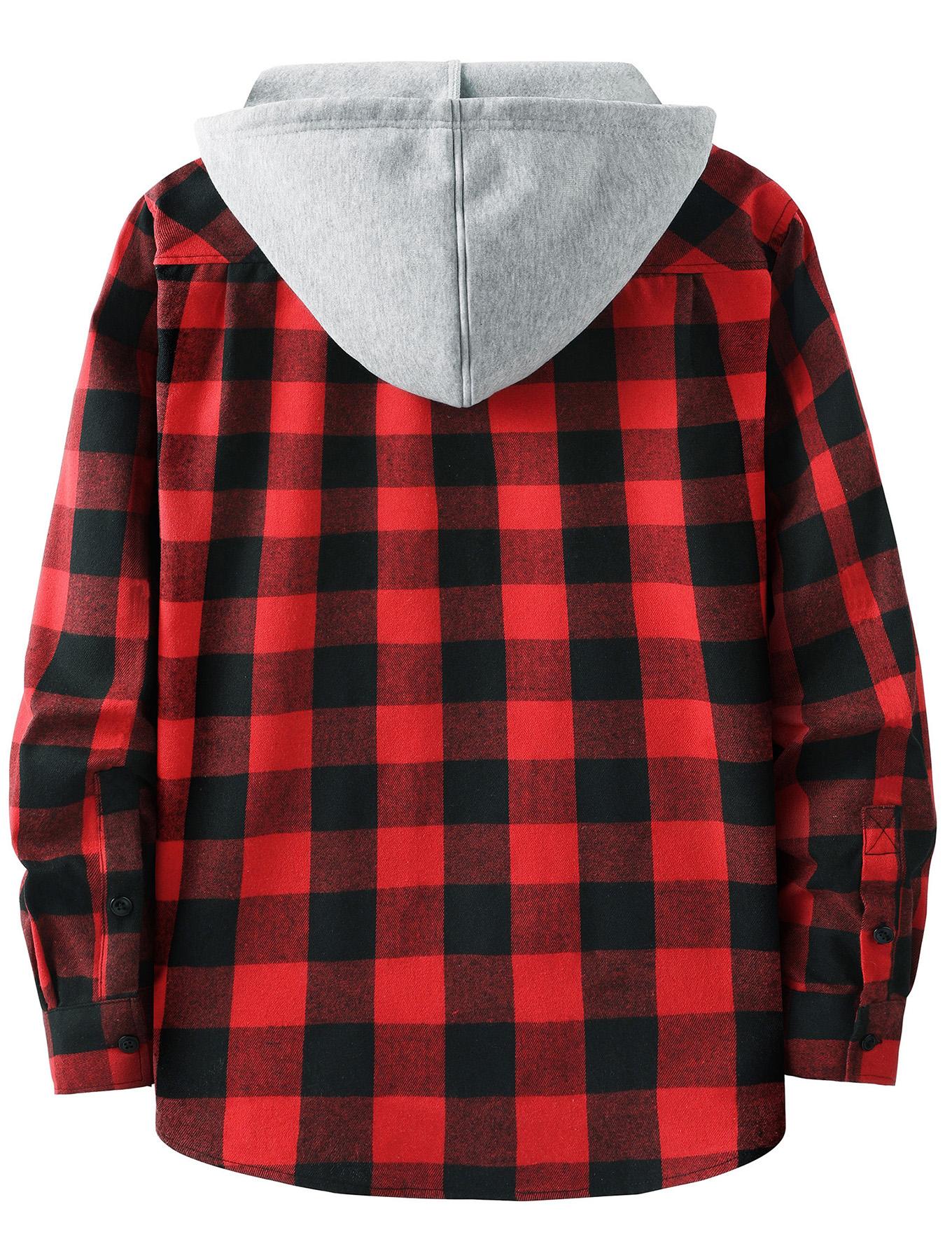 [Plus Size] Plaid Gingham Checkered Patchwork Button Front Hooded Jacket, Casual Streetwear Regular Fit Long Sleeve Drawstring Pocket Outerwear for Fall & Winter, Men's Clothes for Daily Wear Checked Fitted