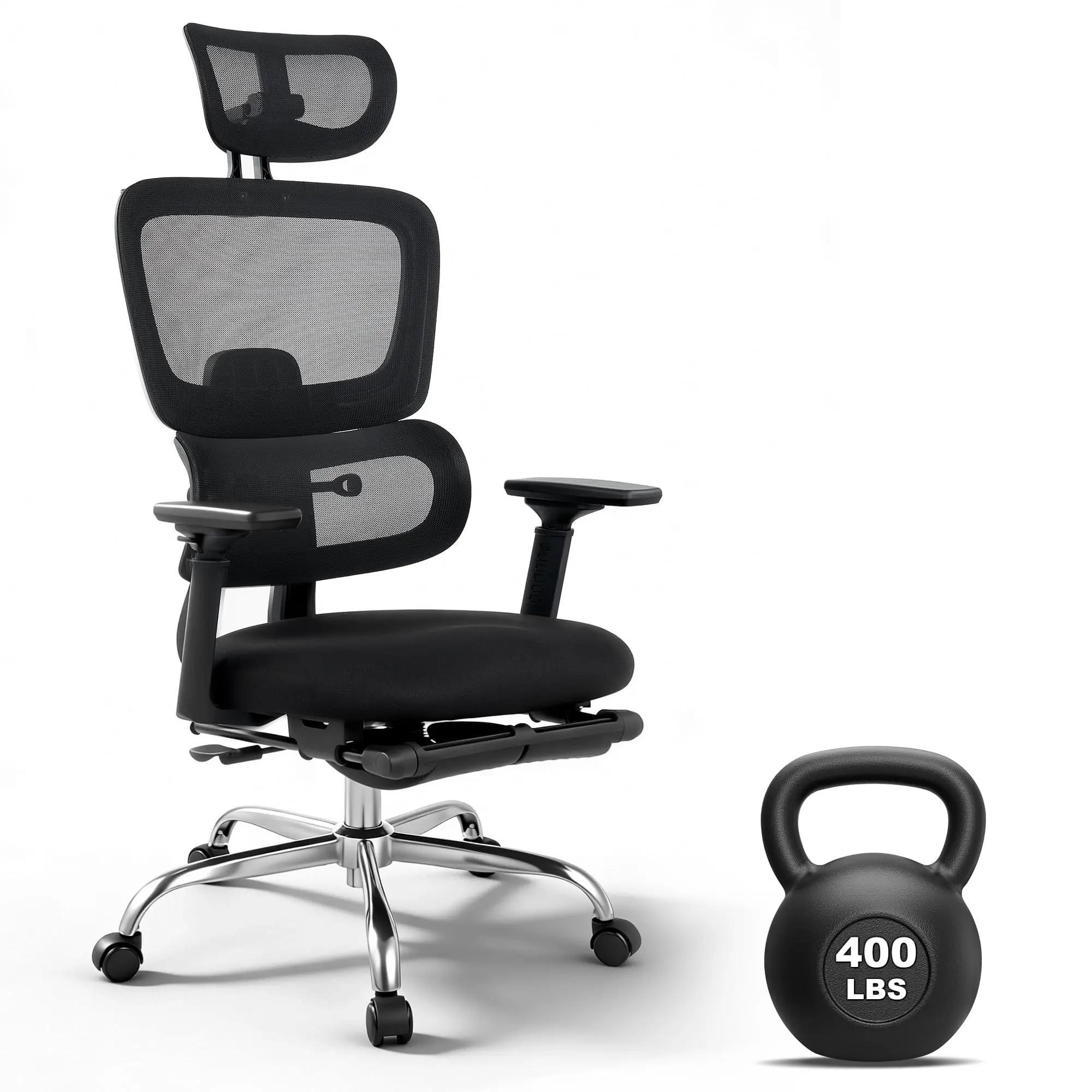 Ergonomic Breathable Mesh Desk Chair Holds Up To 400 Lbs 3 Position Recline Design Adjustable Lumbar Support 3D Multi Angle Headrest 4D Foldable Armrests Extendable Footrest For Long Hour Sitting