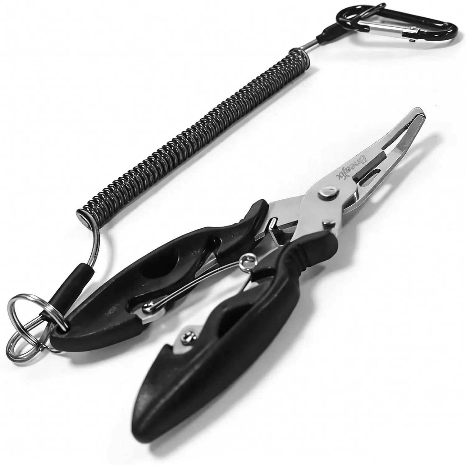 5" Mini Lure Fishing Pliers with Safety Lock and Anti Loss Rope | Multi-Function Curved nose hook remover, line  & open ring pliers; rustproof for saltwater and freshwater use