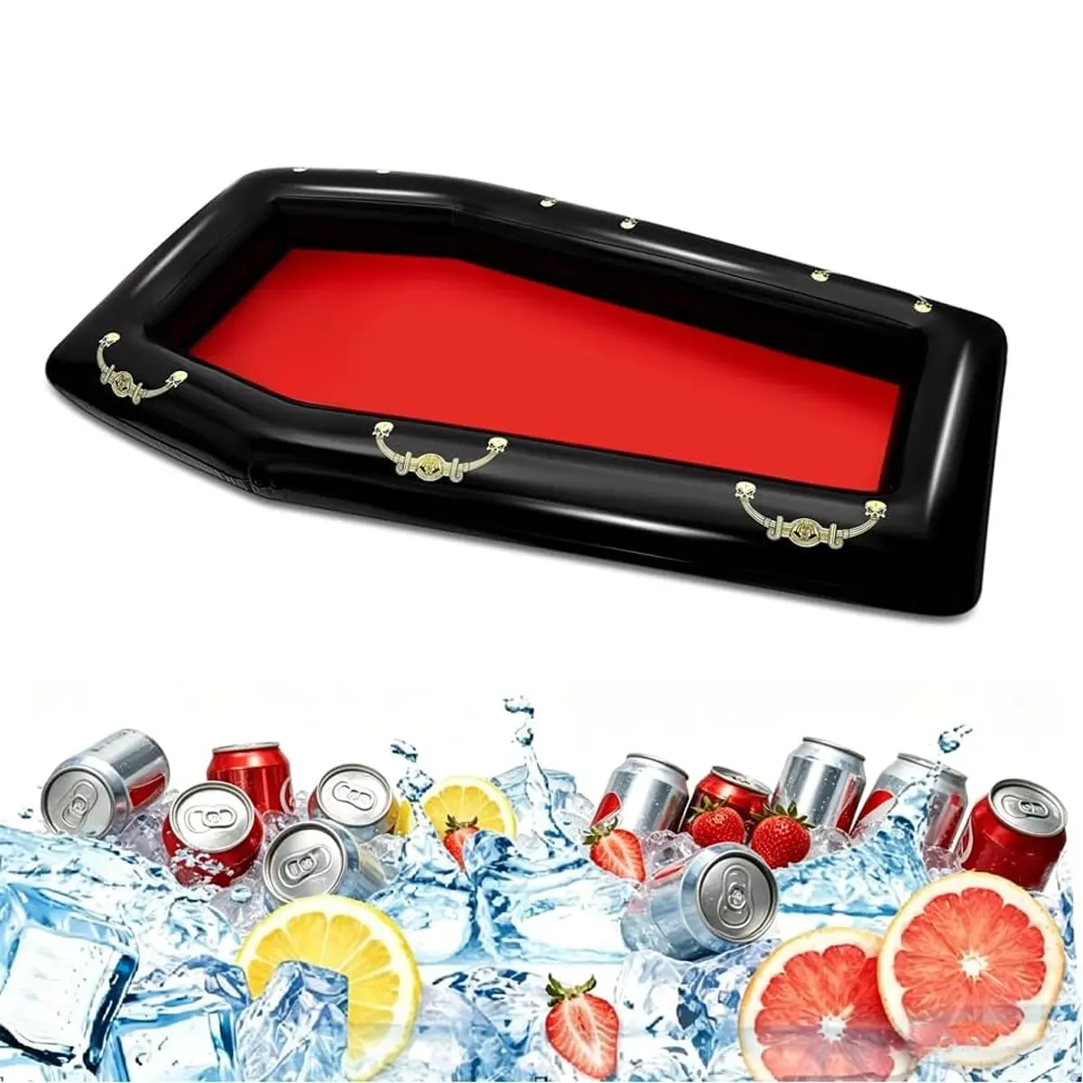 52 Inch Inflatable Coffin Cooler Fake Coffin Floatie Drink Ice Chest Buffet Bucket Beverage Cooler for Summer Halloween Pool Picnic Barbecue Supplies Birthday Party Decoration