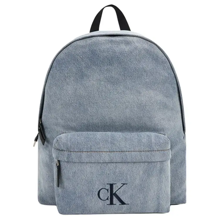 Calvin Klein Retro Collegiate Large-Capacity Fabric Backpack for Men in Light Denim Blue