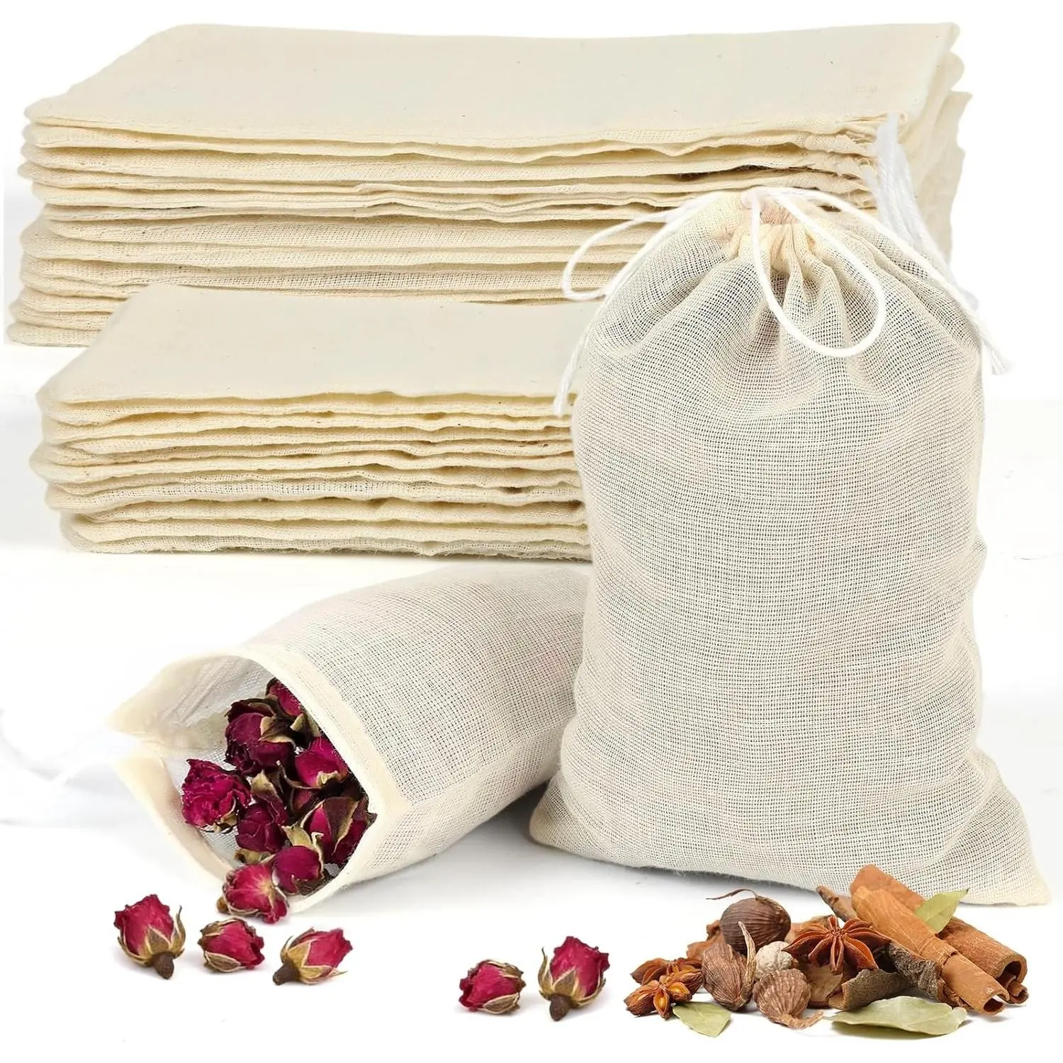 Reusable Muslin Tea Bags: 200-mesh Cotton Sachet Bags with Drawstring Boil-Safe for Cooking Soup - 30pcs 3 * 4in & 4 * 6in Spice Bags for Bathing Unbleached