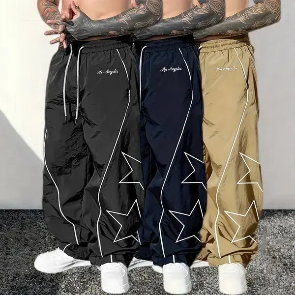 Men’s 3-Pack Trendy Versatile Joggers — Star Pattern & Reflective Lines Design, Comfortable Stretch, Street Style & Weekend Outfits Get Top Marks
