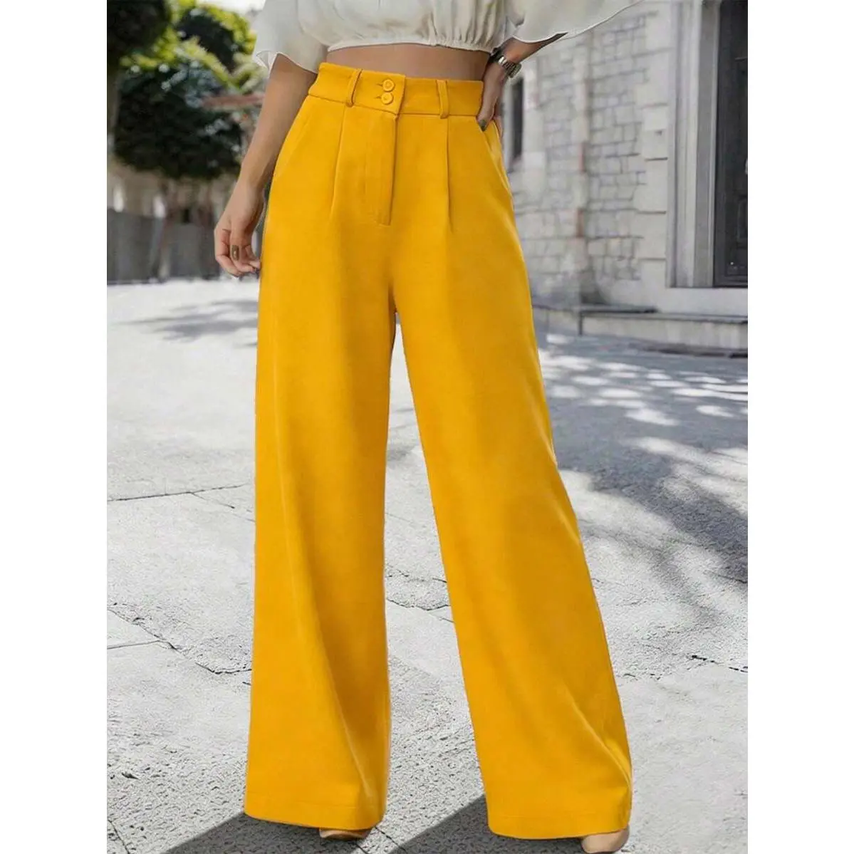 LUNE Elegant Women's Mustard Yellow Wide-Leg Pants,Winter Office Attire,Casual Solid Palazzo Trousers,Festival Outfits,Elegant Summer Multi-Functional