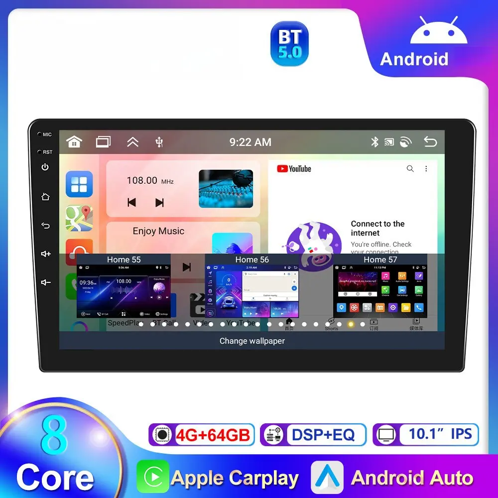 2-Din 10in 4G+64G 8-Core Android 15.0 Car Stereo Radio with CarPlay, GPS Navigation, DSP, WIFI, Multi-Language Support (Spanish, German, Portuguese, English, French) for Travel Users