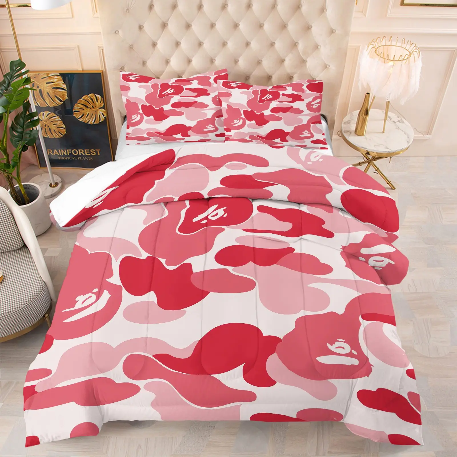 Pink Red Camo Comforter Set, Trendy Pink Camouflage Digital Print Bedding Set, Soft Lightweight Quilt for Bedroom Decor, U-Shaped Stitching Prevents Filling Shifting, Includes 1/2 Pillowcases - without Core