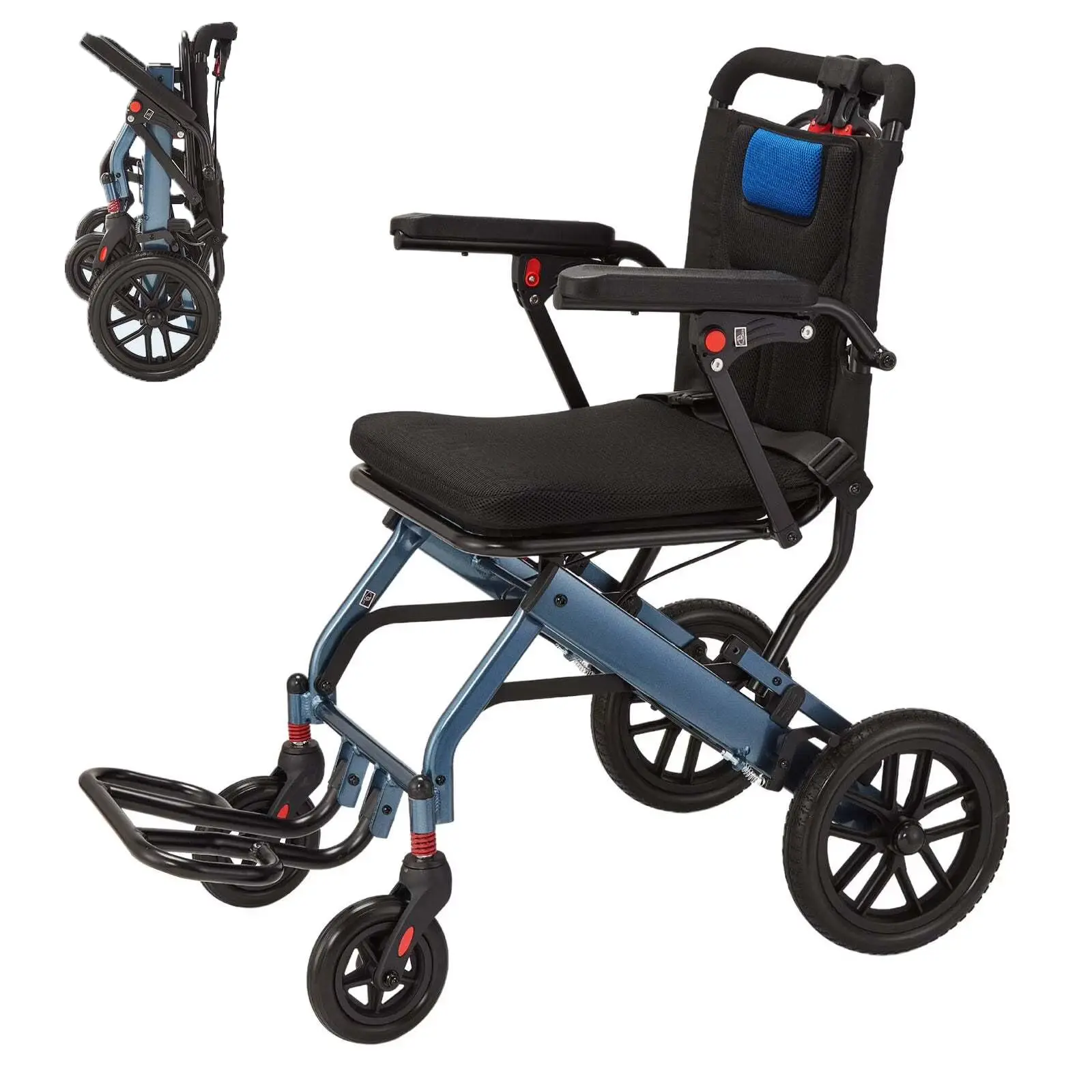 【Garvee】Ultra-Lightweight Folding Transport Wheelchair - Aviation Aluminum Frame - Dual Locking Hand Brakes -Removable Turn Over-Back Armrests - Swing-Away Footrests - Manual Patient Lift
