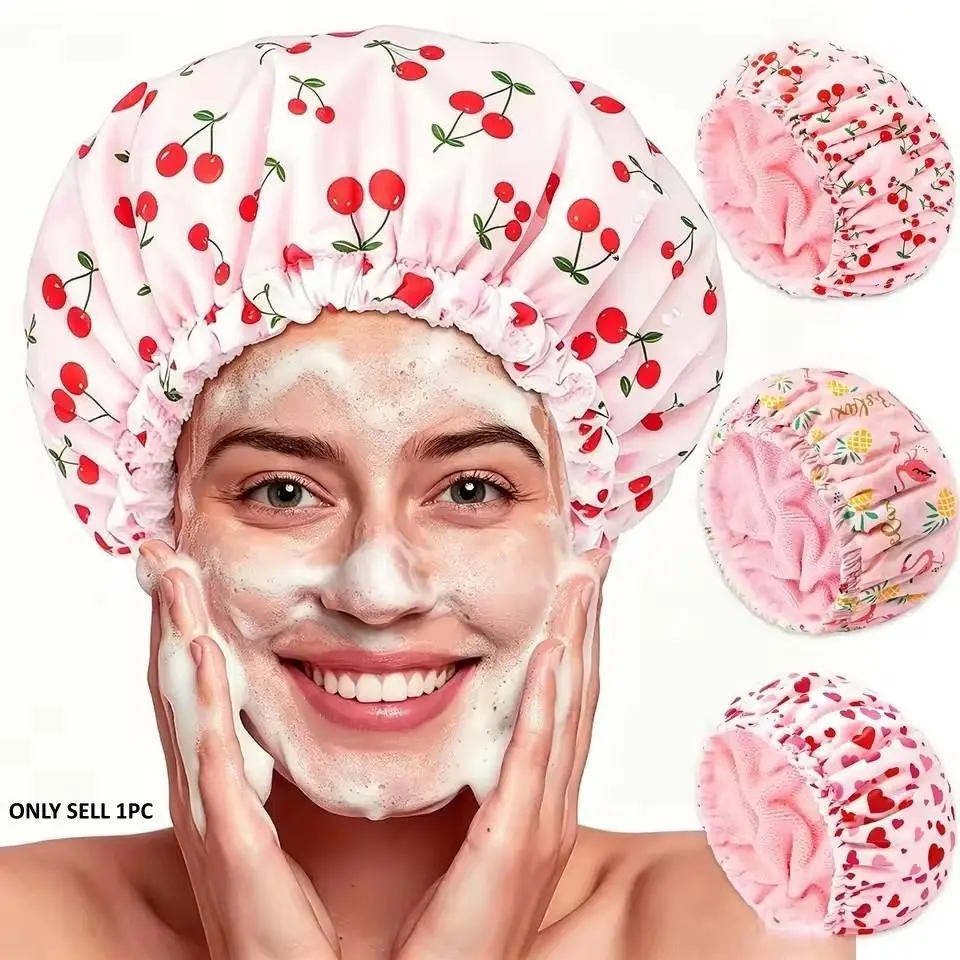 Shower Cap for Women Terry Lined Bathroom Cap Large Reusable Waterproof Elastic Band Pink Shower Caps for Long Thick Hair Soft Bath Shower Cap Set