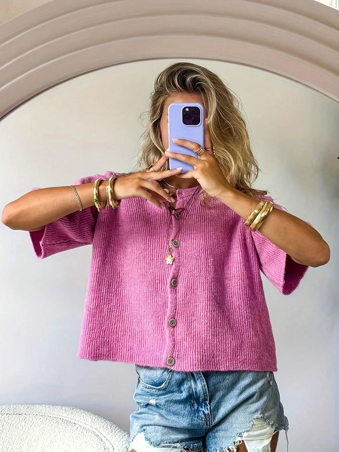 Women's Solid Color Short Sleeve Button Front Cardigan, Casual Crew Neck Knitwear Sweater Top for Spring & Autumn, Fashion Women's Knit Clothing for Daily Wea