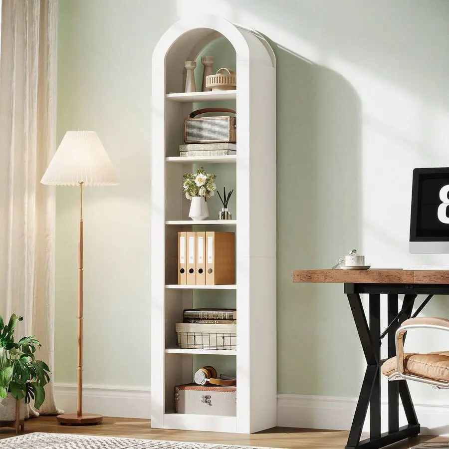 74.8" Tall Arched Bookshelf, 6-Tier Narrow Open Bookcase, Floor Standing Corner Display Shelves Storage Organizer Small Space, Home Office, Living Room