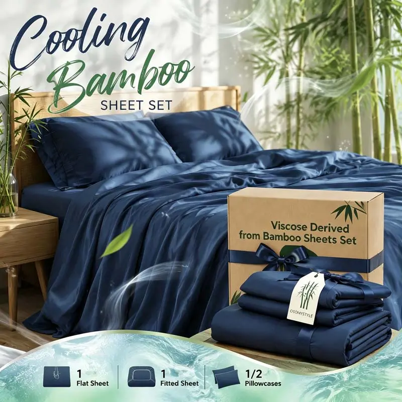 OS OMYSTYLE Kids Bamboo Sheet Set ,Derived from Bamboo , Luxury Breathable and Soft Sheets, Cooling Bedding for Hot Sleepers, Without Overheating, 16-Inch Deep Pocket for Full 360° Coverage, Wrinkle Resistant, Hotel Quality,Machine Washable-Children