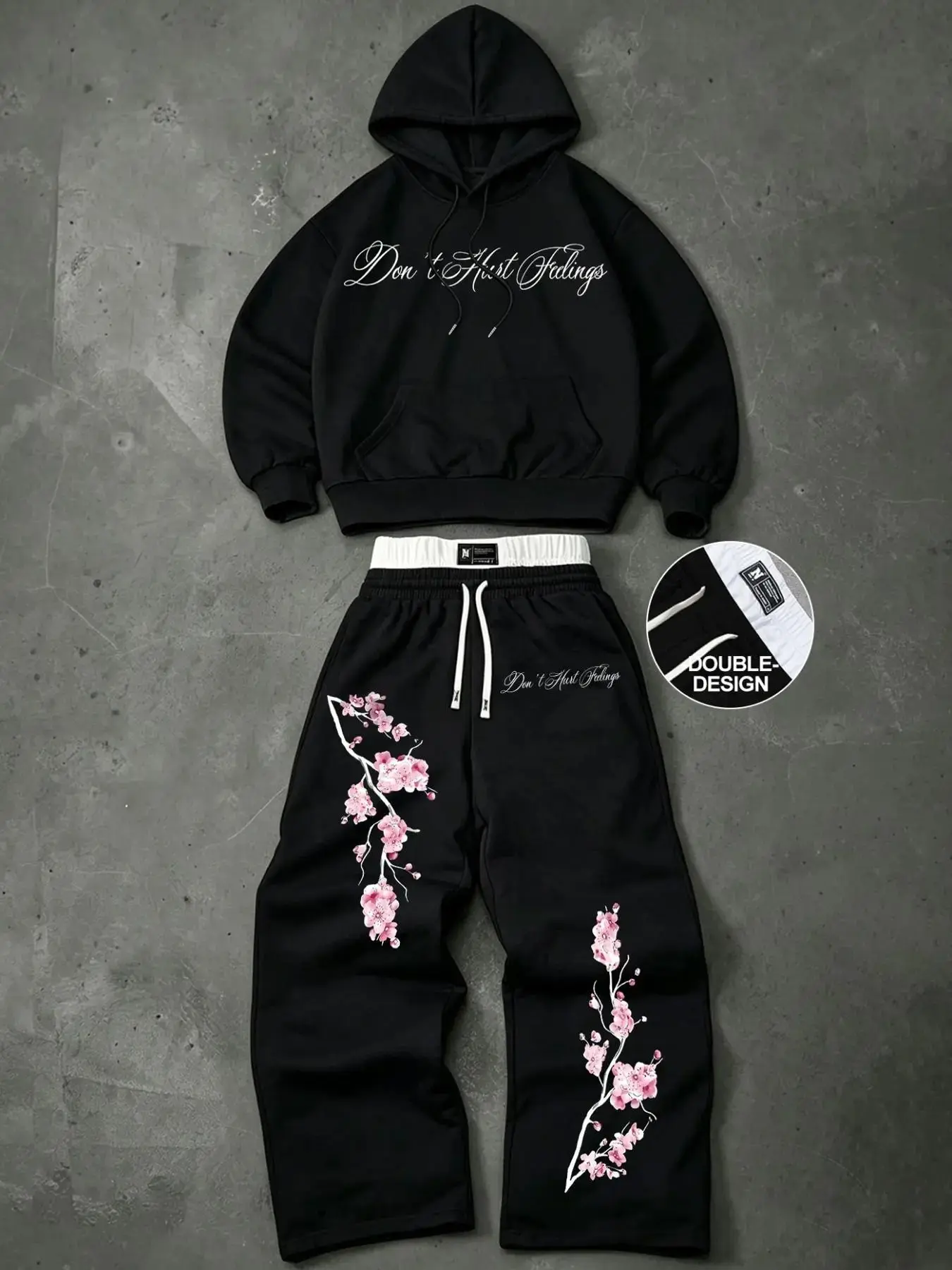 Men's Cherry Blossom Floral Print Two-Piece Set, Soft Fleece Hoodie and Wide Leg Pants, Perfect for Dates, Skateboarding, Street Style