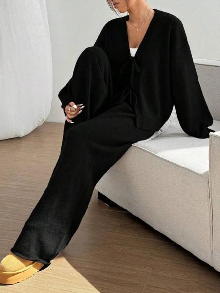 Women's 2 Pcs Tie Front Cardigan Sweater Set, Solid Long Sleeve V Neck Cardigan Sweater & Pants Two-piece Set, Casual Fashion Cozy Knitwear Set for Daily Outdoor Wear, Women Knitwear for Fall & Winter, Women Fall Loungewear set