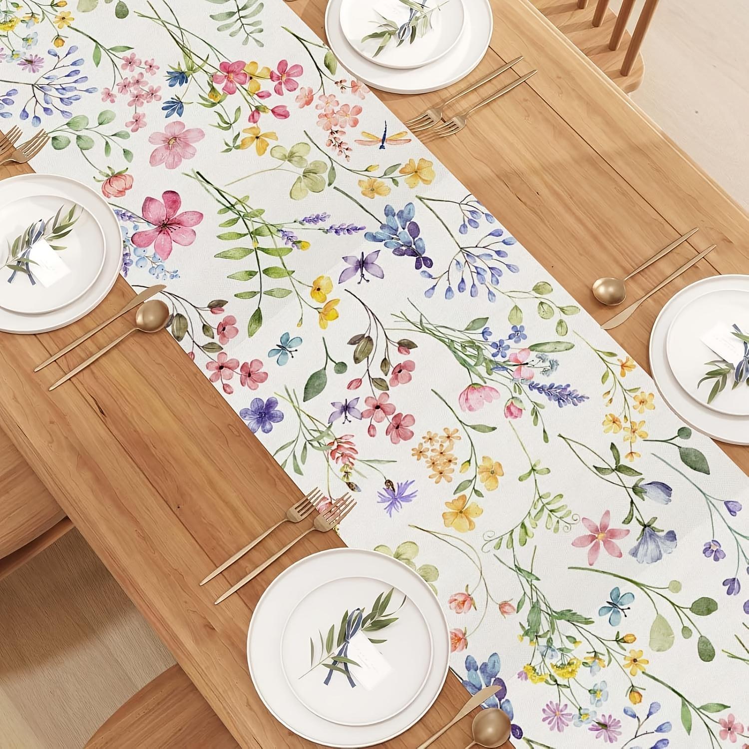 Floral Linen Table Runner - 100% Woven Linen, Flower Pattern, Rectangle, Available in Multiple Sizes for Dining Room, Spring Summer Easter Table Decor