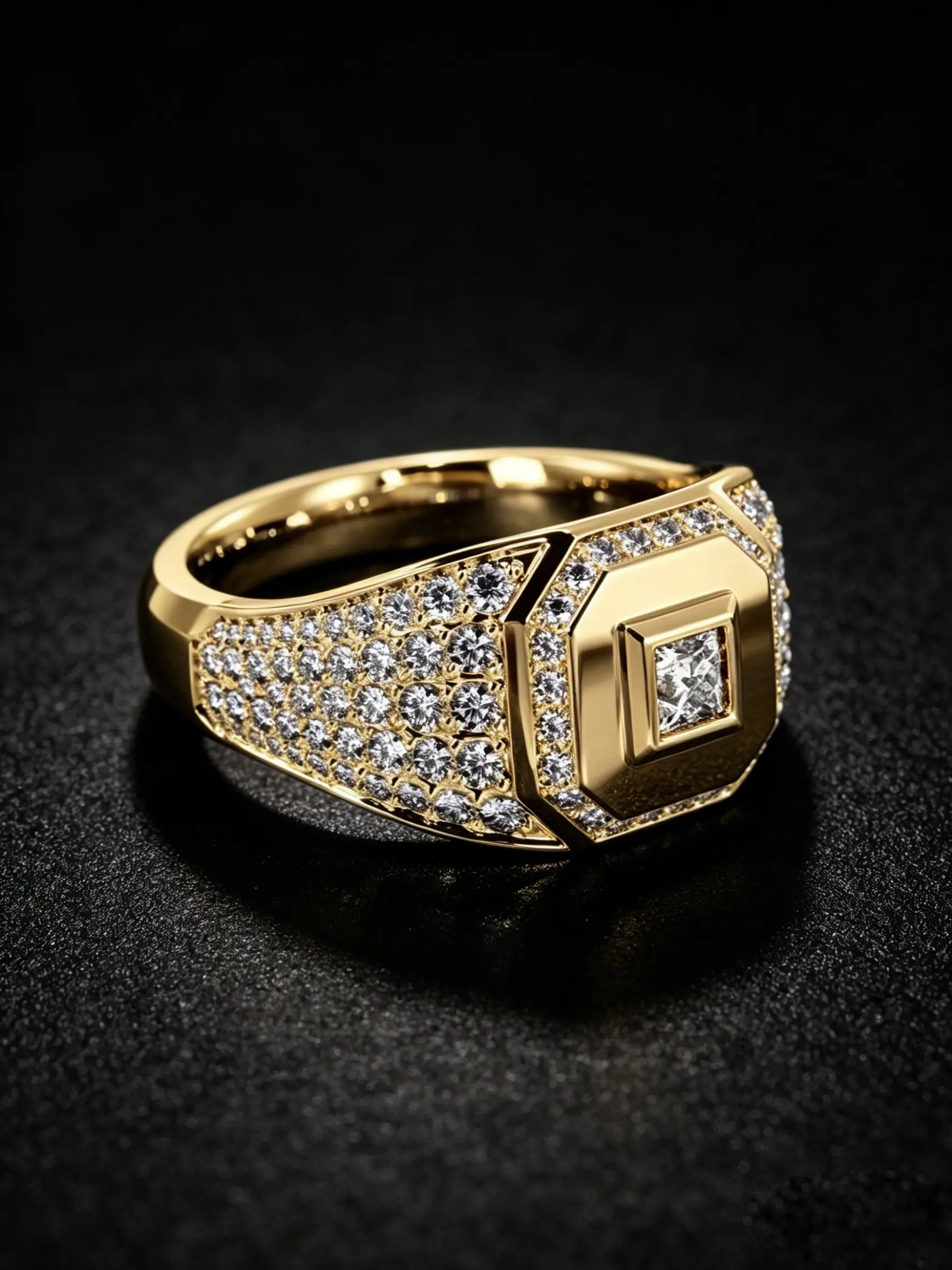 18K Gold Plated Men's Square Signet Ring, Princess Cut Cubic Zirconia Center Stone, Full Pave Iced Out Wide Band Statement Ring, Hypoallergenic Tarnish Resistant Hip Hop Jewelry For Wedding Party Daily, Exquisite Trendy Ring