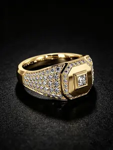 18K Gold Plated Men's Square Signet Ring, Princess Cut Cubic Zirconia Center Stone, Full Pave Iced Out Wide Band Statement Ring, Hypoallergenic Tarnish Resistant Hip Hop Luxury Jewelry For Wedding Party Daily