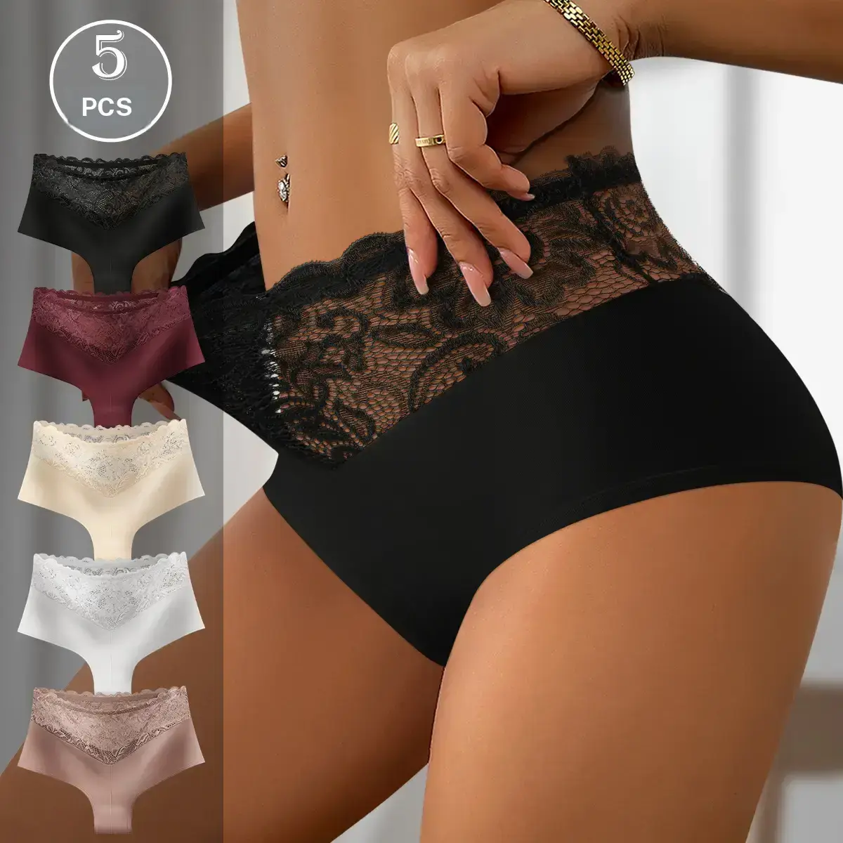 QUASTI 5PCS Soft Low Waist Patchwork Lace Women's Panties Skin Friendly Seamless Fabric, Minimalist Style, Comfortable Daily Underwear, S XXL