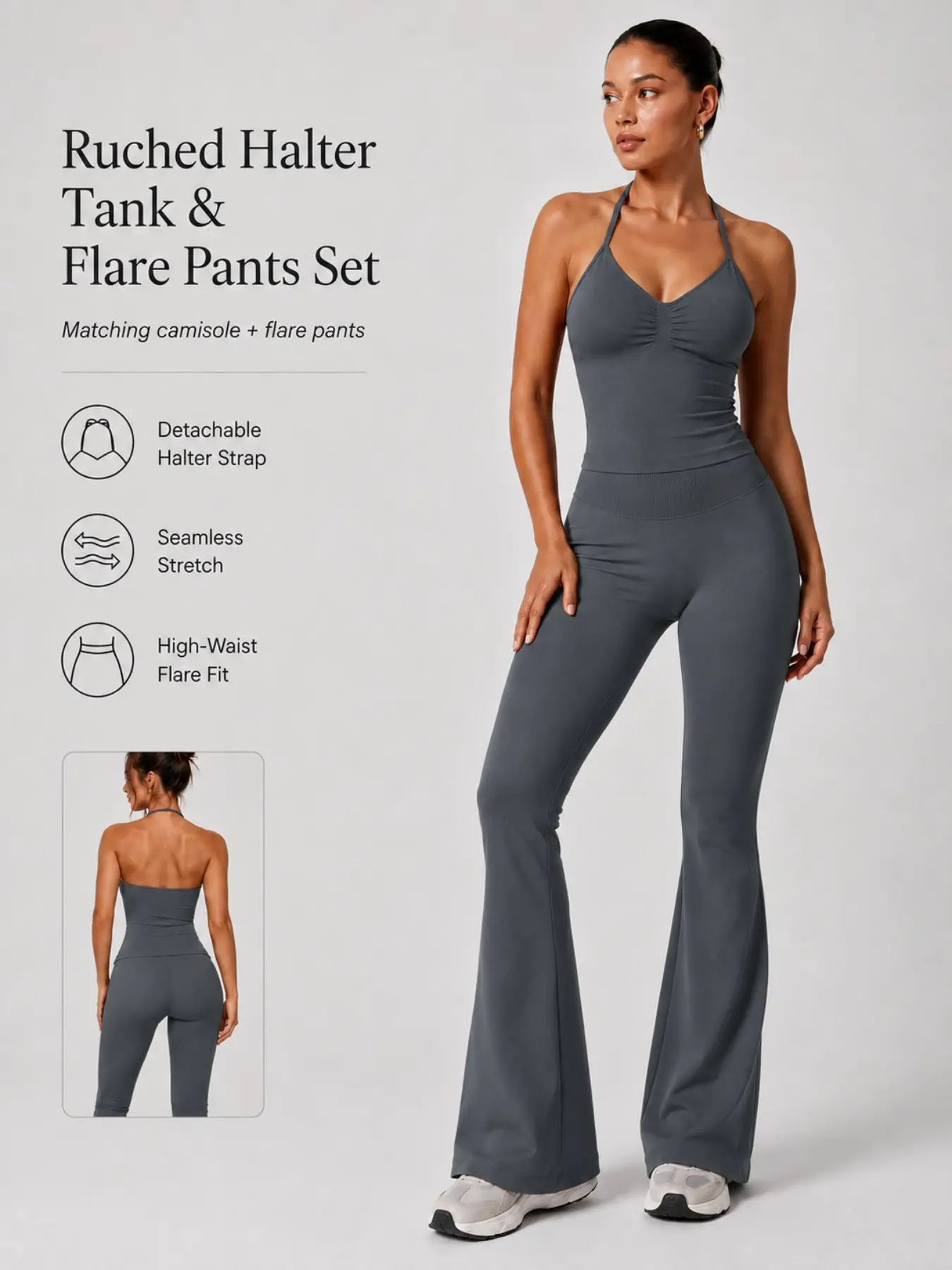 Women 2 Piece Workout Outfit, Halter Sports Tank Top With Removable Pads And High Waist Stretch Slim Flare Pants, Casual Pilates Fitness Yoga Set, Yoga Sportswear Set