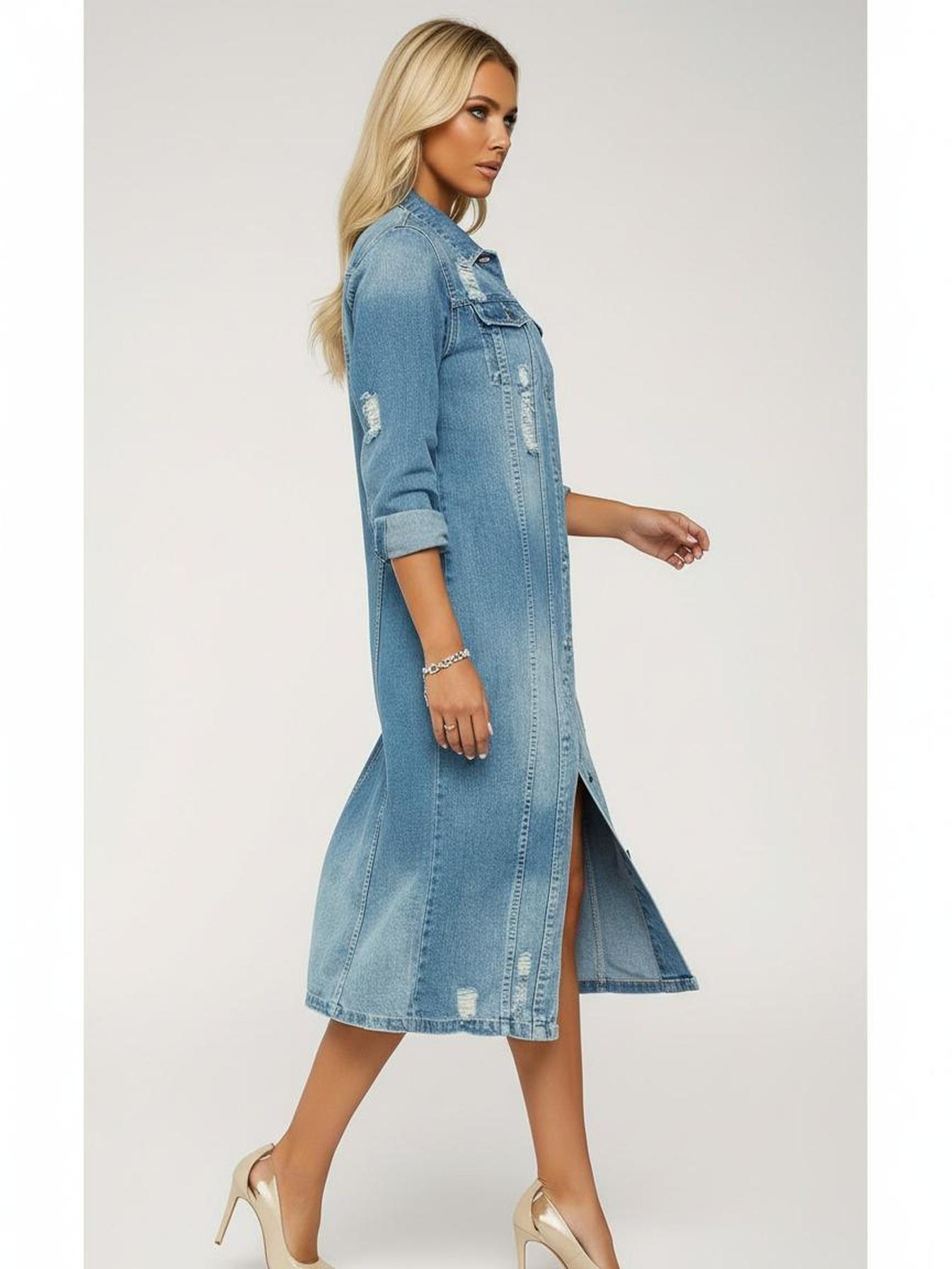 Women's Long Distressed Denim Duster Jacket Button Front Ripped Jean Coat with Pockets