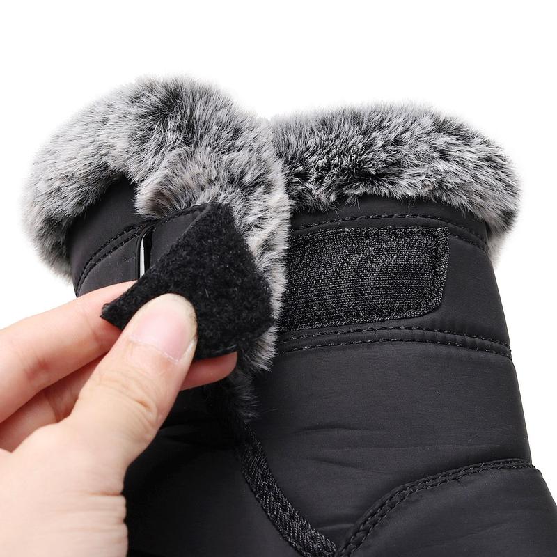 Winter Snow Boots for Women Fur Lined Warm Waterproof Slip On Booties with Breathable Fur Lining Slip Resistant Sole Black Oxford Cloth Upper Velcro Closure Outdoor Booties for Camping Walking
