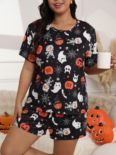 【Plus Size】Halloween Skull Ghost and Pumpkin Print Tee & Elastic Waist Shorts Pyjama Two-piece Set, Casual Comfy Round Neck Short Sleeve T-shirt & Shorts Pj Set, Women's Sleepwear for Fall