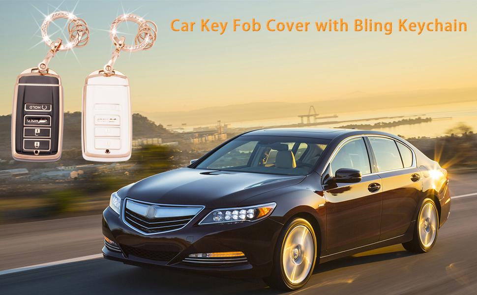for Acura Keychain Bling Gold White Key Fob Cover Soft TPU Full Protection Smart Key Fob Case Fit for Acura CDX RDX RLX TLX TLX-L ILX NSX 4 Buttons Remote Smart Key Protector (R-ACU-W)