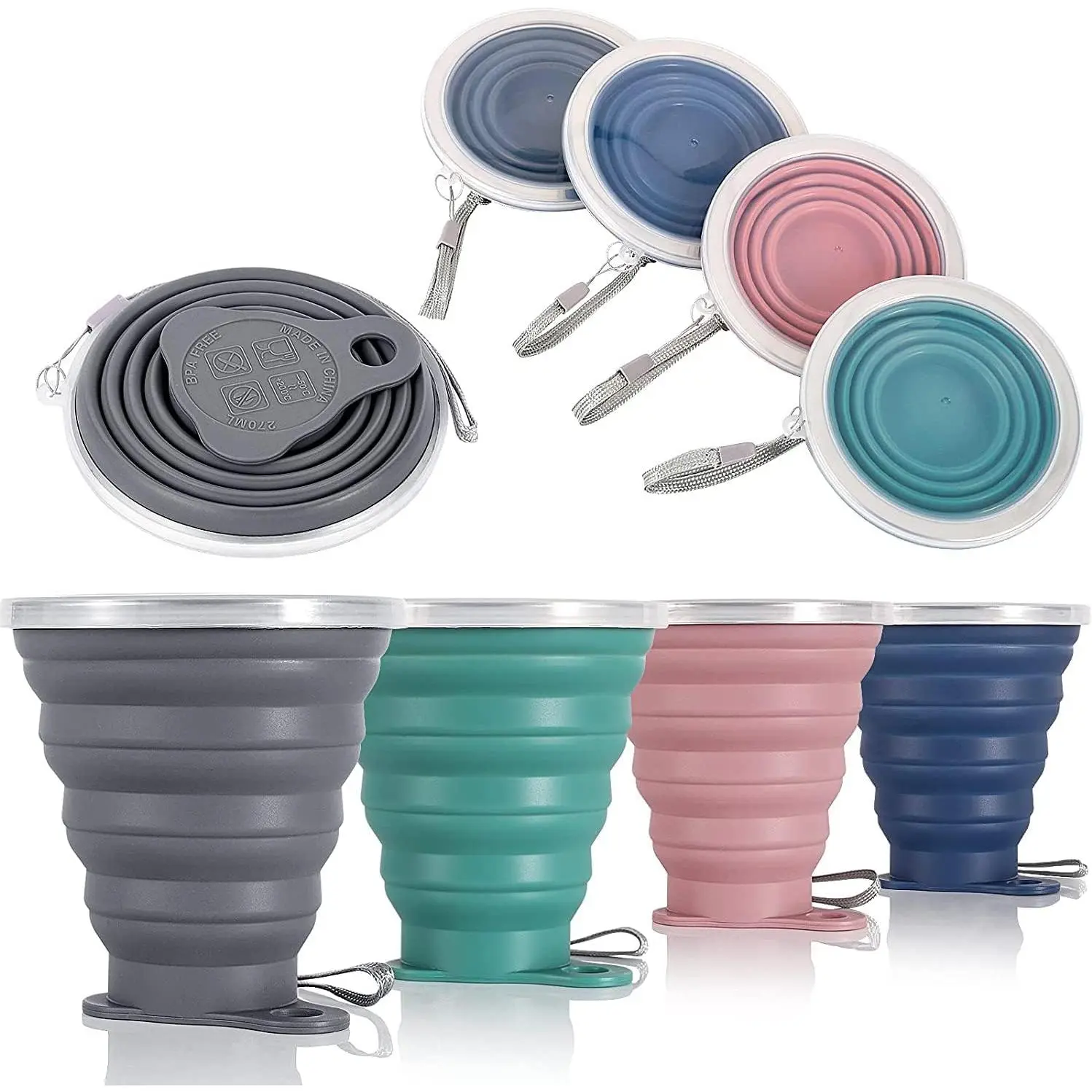 Silicone Collapsible Travel Cup - Silicone Folding Camping Cup with Lids - Expandable Drinking Cup Set - Portable, Graduated [9.22oz]