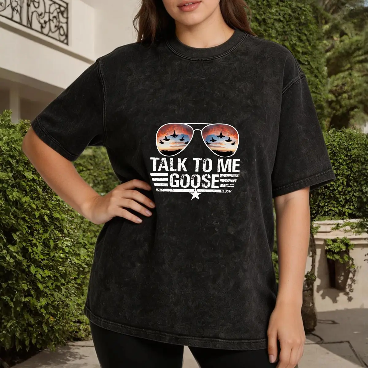 Women's Graphic Tshirt with "Talk To Me Goose" Jet Print | Dropped Shoulder, Relaxed Boyfriend Fit Streetwear Top for Aviation Lovers