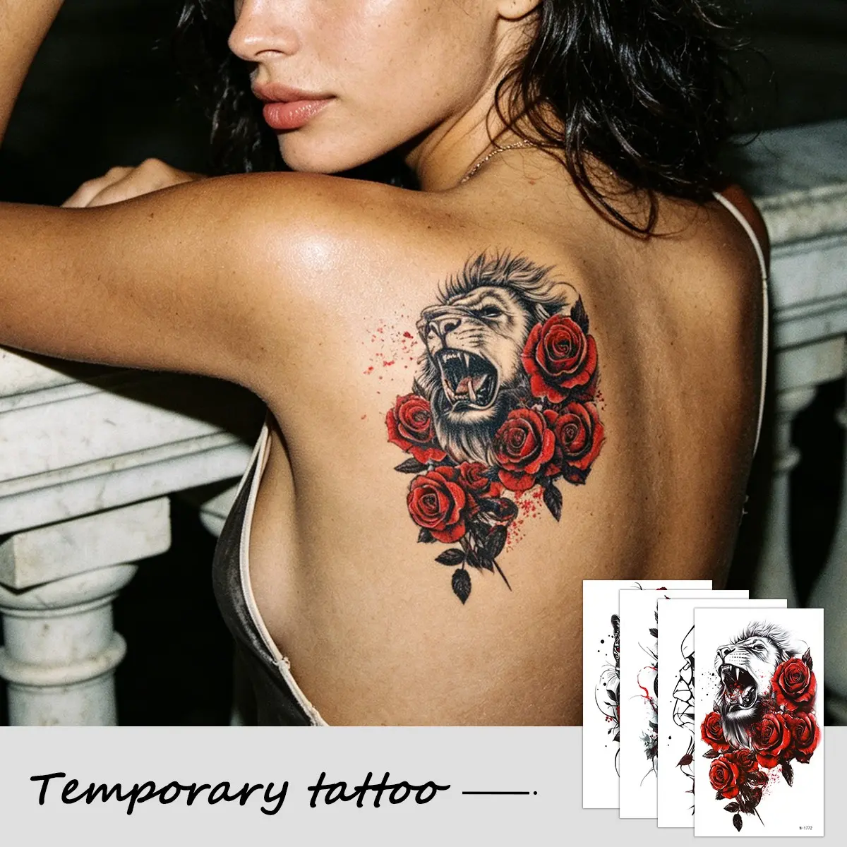4 Sheets  Animal Rose Temporary Tattoo Stickers, Lion Leopard Snake Skull & Red Rose Design, Waterproof Fake Body Tattoos for Arm, Back, Y2K Body Art, Ephemeral Tattoos