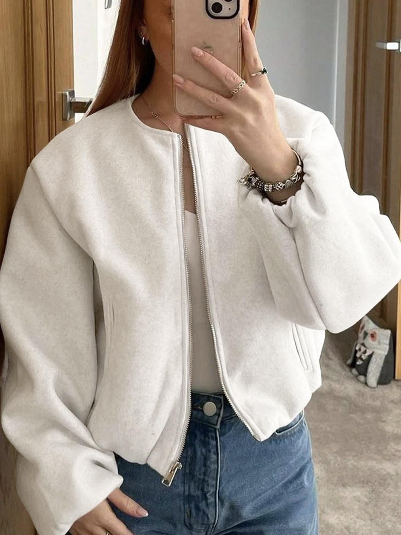 Women's Zipper Jacket Coat, Casual Style Women's Outerwear, Perfect for Fall & Winter Daily Wear, Fitted Design, Woven, Moderate Fabric Thickness