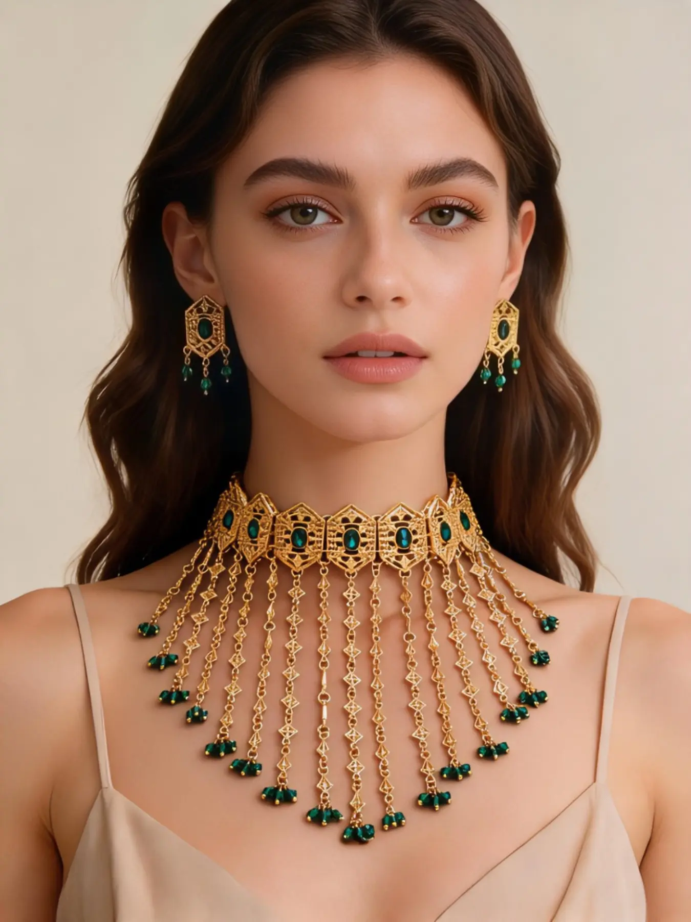 2 Piece Dubai Gold Plated Rhombus Diamond Pearl Fringe Necklace Earrings Set, Elegant Jewelry Sets for Weddings Parties Gifts