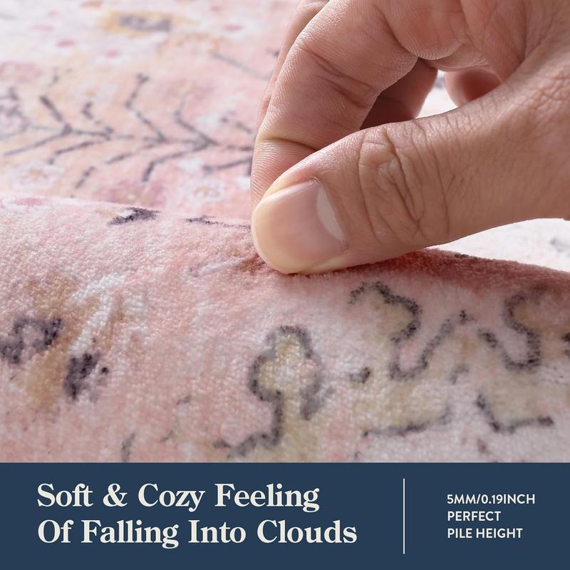 Lahome Pink Boho Area Faux Cashmere Rug, 8x10 Washable Faux Cashmere Rugs for Bedroom Living Room, Soft Blush Floral Non Slip Pastel Thin Floor Carpet for Classroom Playroom Home Decor