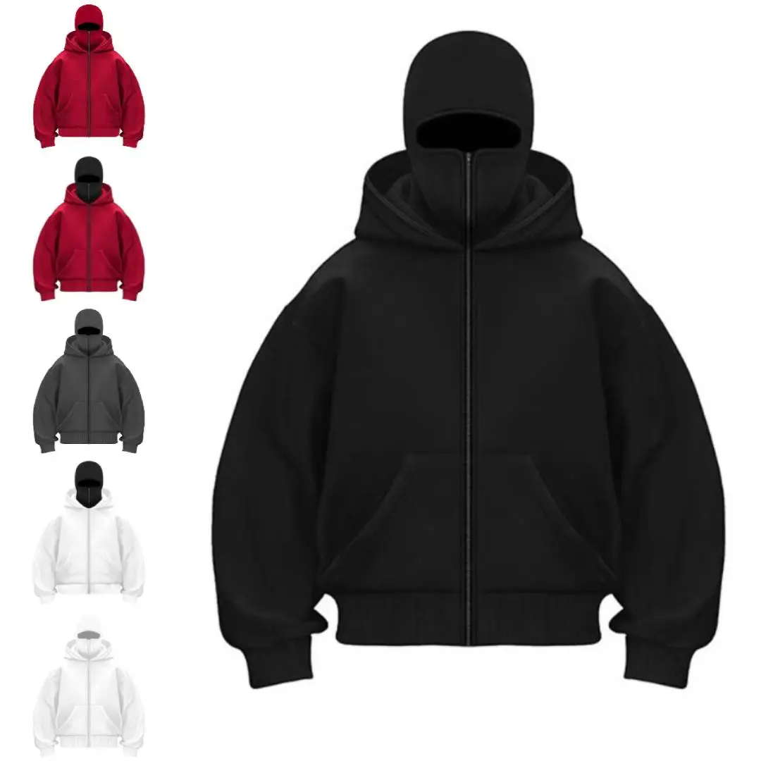Unisex Balaclava Hoodie with Face Cover, Full-Zip Hooded Sweatshirt, Winter Outdoor Casual Streetwear