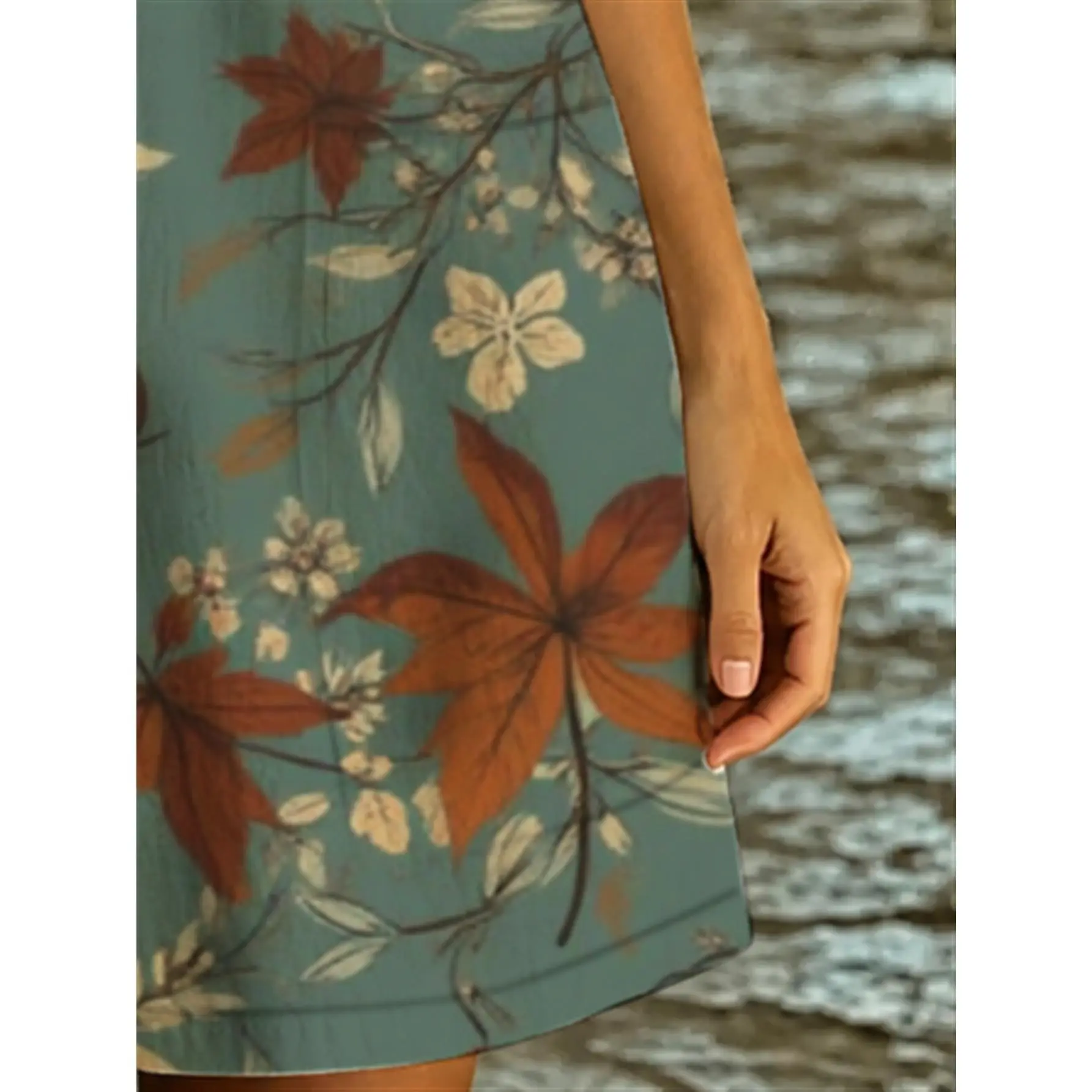 Vintage Botanical Leaf Print Sleeveless Jumpsuit for Women, Warm Orange And Teal Autumn Pattern on Soft Teal Background, Loose Fit U-Neck Casual Shorts with Side Pockets