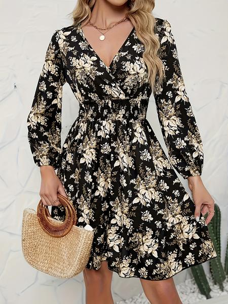 Elegant Deep V Neck Floral Print Ruched Waist Long Sleeve Dress, Bohemian Flowy Ruffled Hem for Stylish Occasions, Women's Fashion Dress for Parties