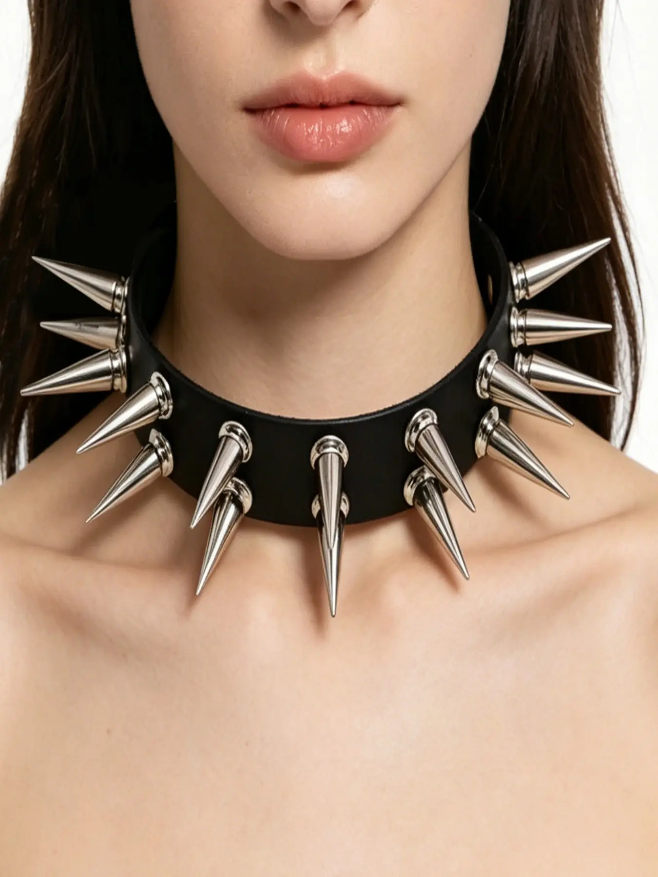 Wide Black PU Leather Choker Necklace with Protruding Long Silver Cone Spikes, Adjustable Punk Gothic Collar Neckband, Edgy Biker Style Alternative Neck Jewelry for Women, Perfect for Halloween, Rock Music Festivals, Emo Cosplay, Punk Themed Parties and B