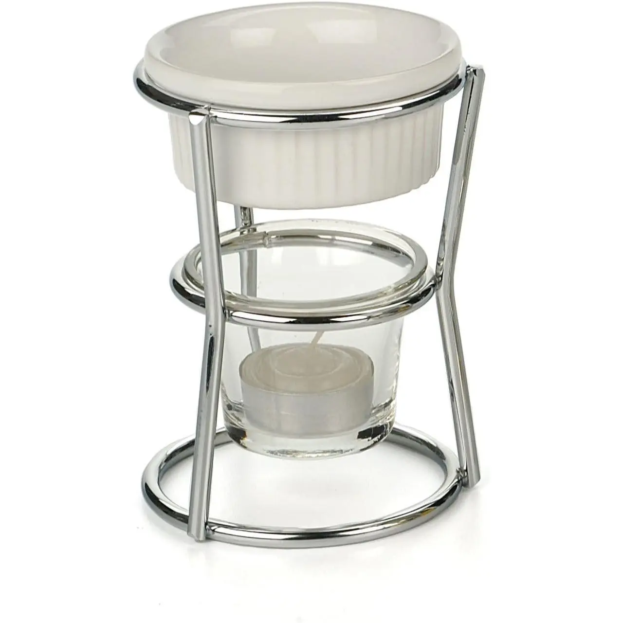 Kitchen Collection Butter Warmer Set, Includes Stoneware Cups, Glass Tealight Holder, Candles and 5-Inch Tall Chrome Wire Frames, 1/3-Cup Capacity, White