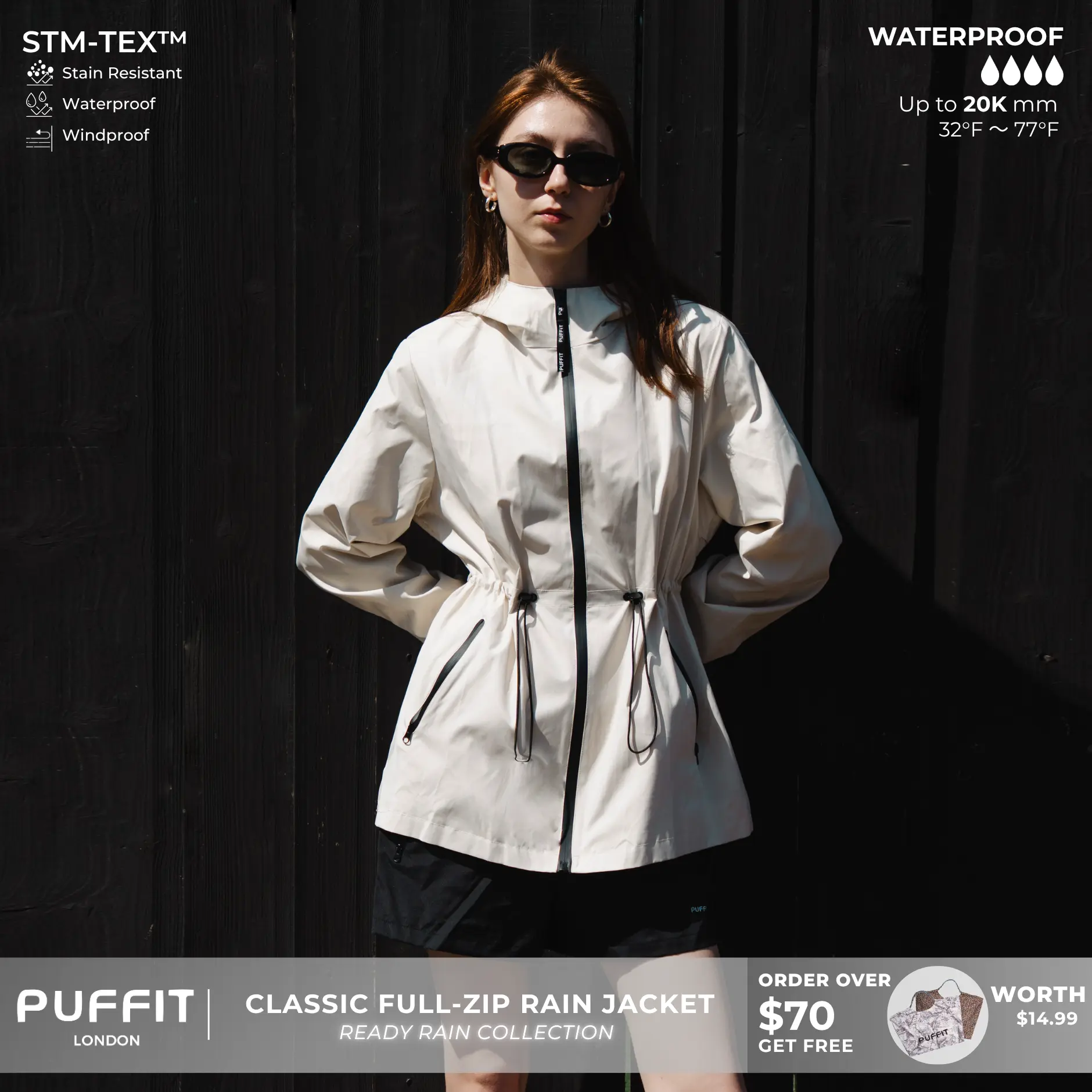 PUFFIT STM-TEX Waterproof Lightweight Hoodie Jacket,Women's Warm Full Zip Rain Coat Adjustable Waist & Hood & Cuff Design Comfort Casual Inner Pocket,Out Door,Shell Jacket,Spring Jacket,Windbreaker,Dog Walking,School Running,Football Mum,Womenswear