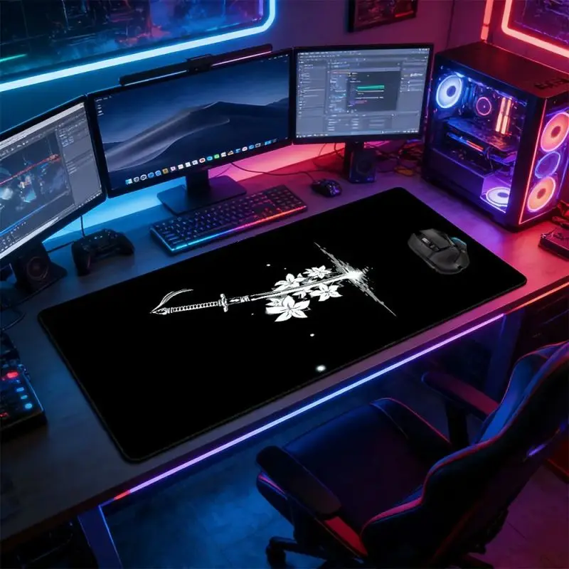 Neon Sakura Katana Large Extended Gaming Mouse Pad, Extended Mousepad, Non-Slip Rubber Base Stitched Lock Edge Desk Mat, Durable Computer Accessory, Desktop Accessory, Desk Accessories for Home Office & Gaming Setup, Perfect Gift for Gamers & Anime Fans b