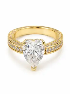 Daisini Women's Brass Gold Plated Zircon Pear Stone Ring, Two Row Embedded Band, Elegant Engagement Gift