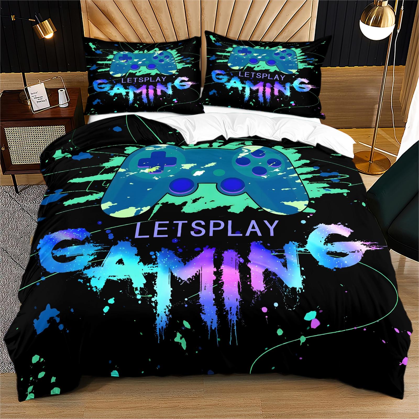 Cool Gaming Controller Pattern Sheet Set with Pillowcase, Soft Polyester Fiber Bedding, Zipper Closure, Breathable, All Seasons Use