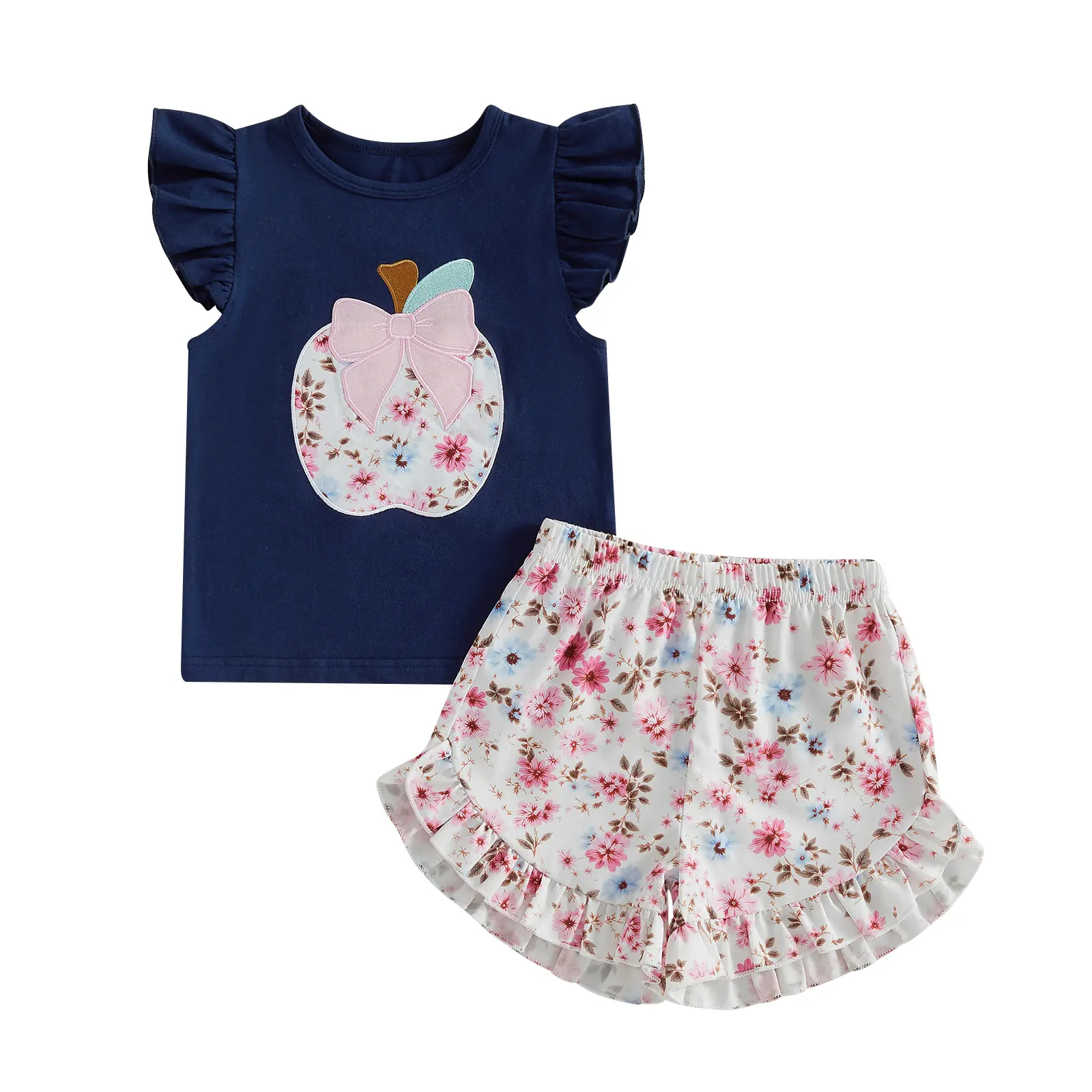 Little Girls Back to School Outfit Flying Sleeve Tops Floral Shorts