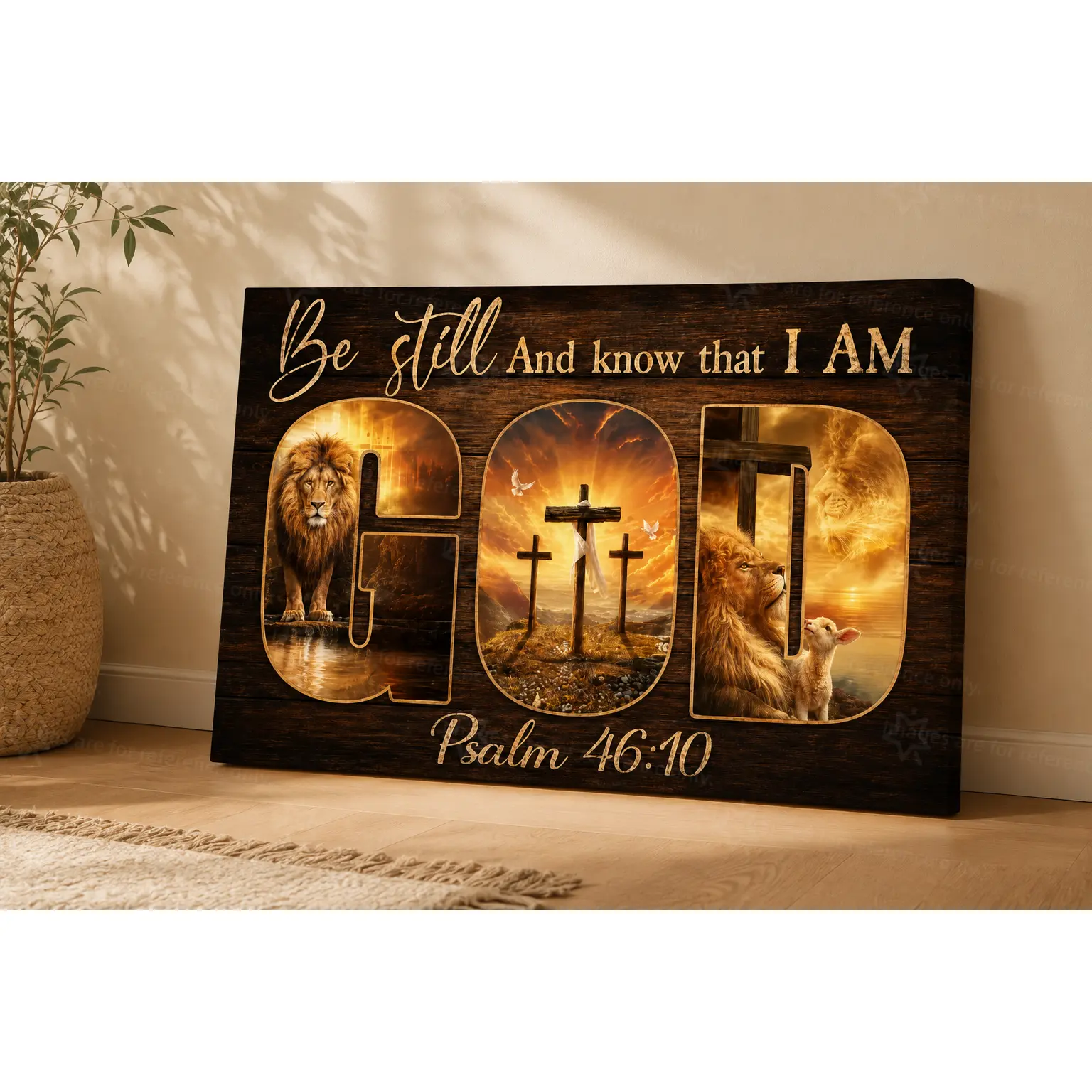 Be Still and Know That I Am God Psalm 46:10 Christian Wall Art Canvas Print, Lion Cross Lamb Faith-Inspired Rustic Scripture Artwork for Bedroom Living Room Prayer Room Office Decor, Farmhouse Religious Home Gift, Decorative Poster, Poster Prints