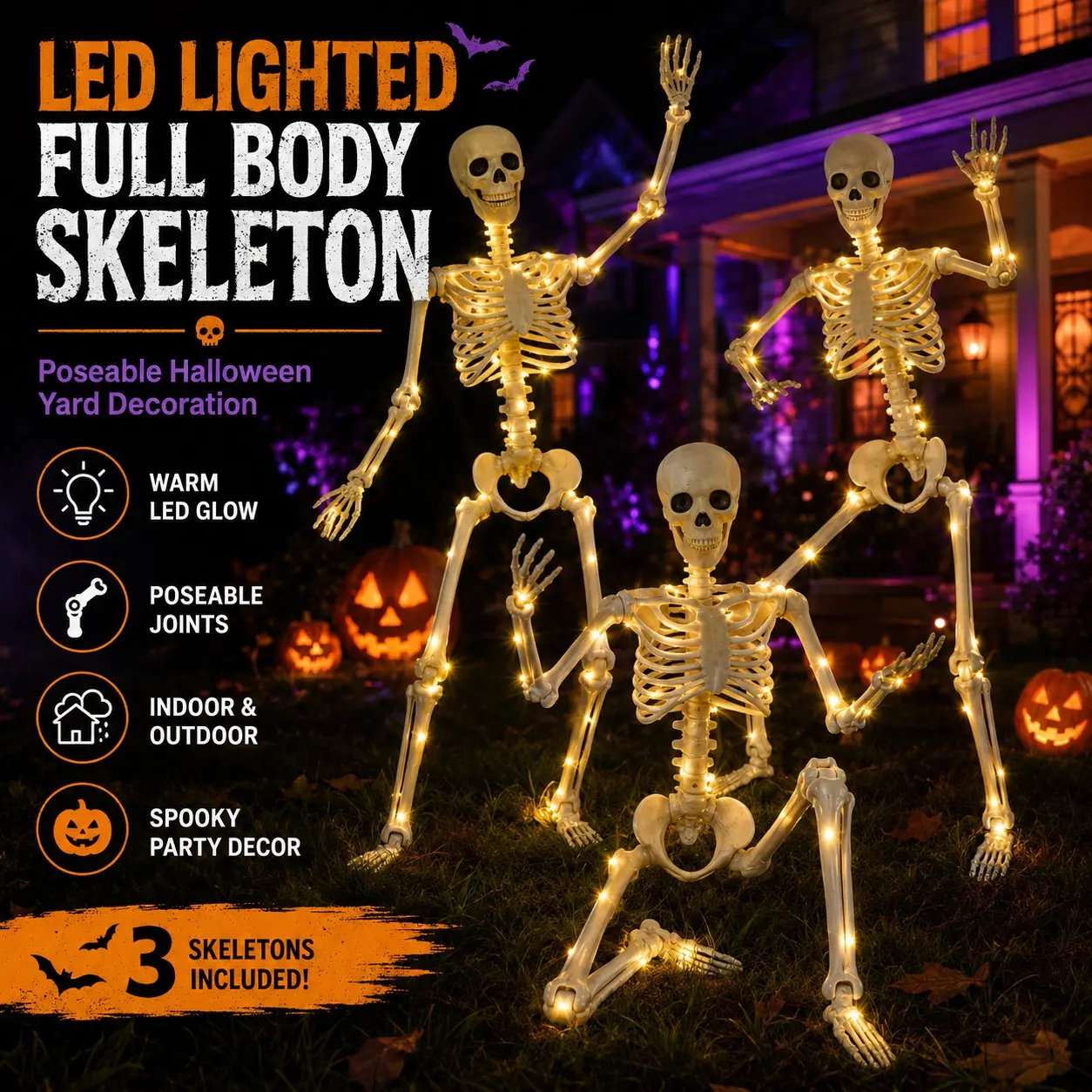 LED Lighted Full Body Skeleton Prop, Halloween Poseable Skeleton Decoration, Spooky Outdoor & Indoor Display, Horror Party Decor, Unique Home Ornament