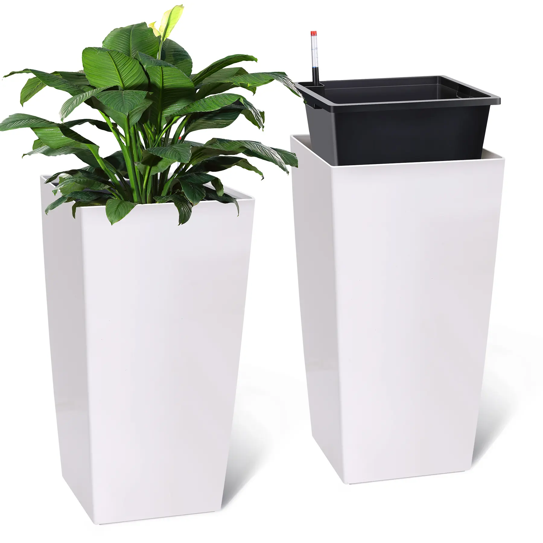 Set of 2 Tall Self-Watering Planters – 30-Inch Large Square Pots – Inner Bucket, Water Level Gauge, Drainage Holes, Hidden Wheels – Modern Decorative PP Plastic for Indoor & Outdoor Plants – Black & White