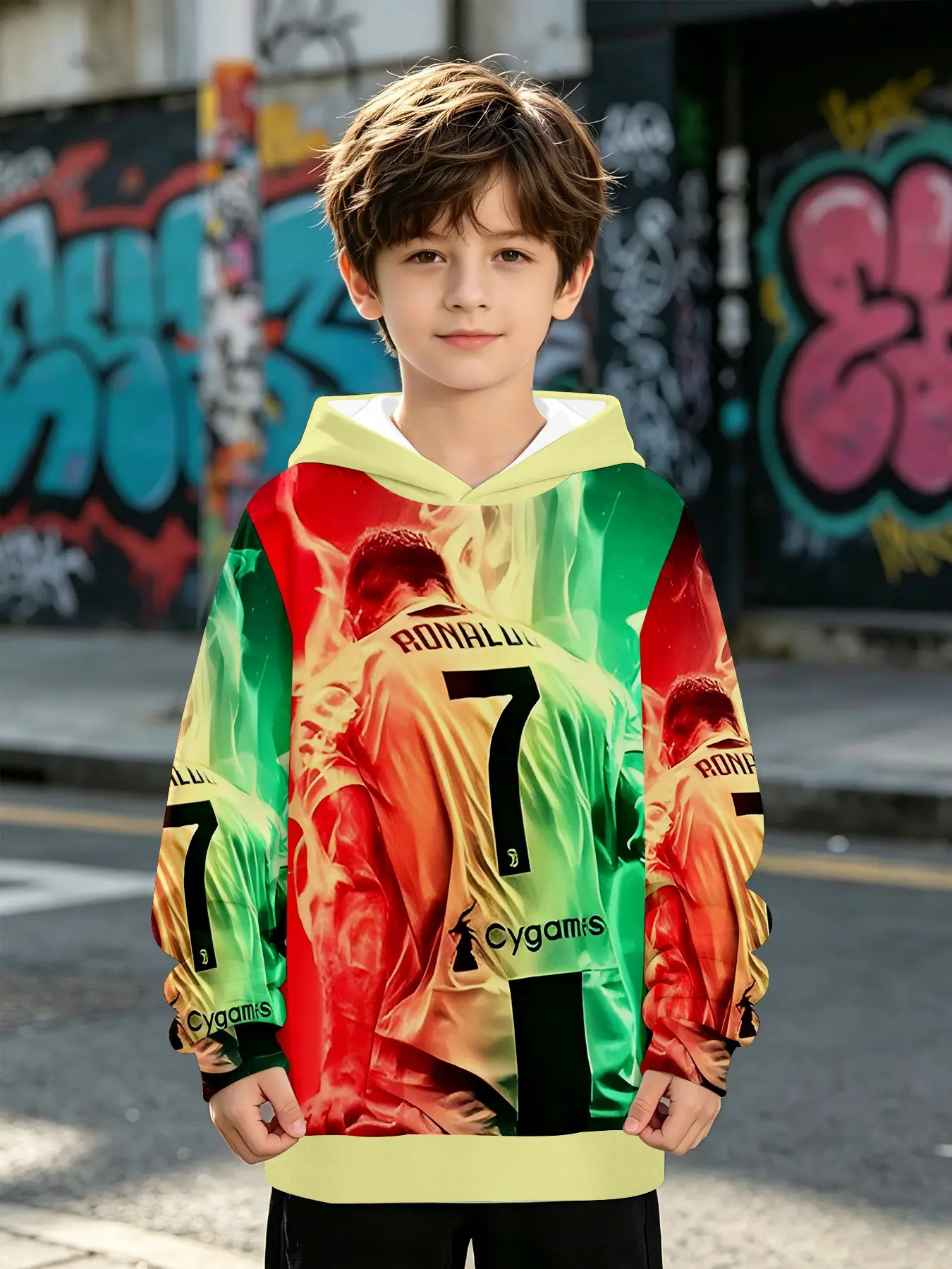 C Ronaldo 7 Fire Full Color Print Kids Hoodie, Boy Football Star Casual Long Sleeve Sweatshirt, Small Fan Clothing, Fall & Winter