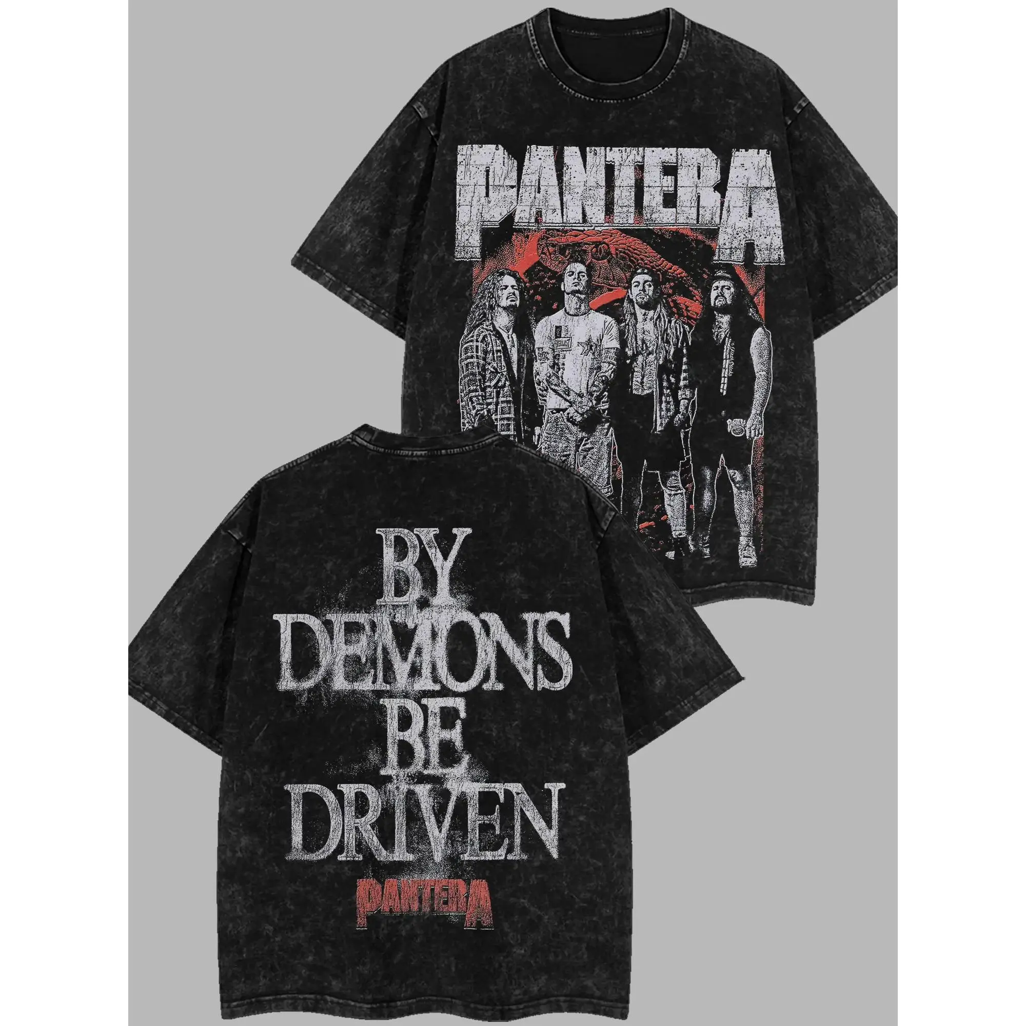 [$$$MANLIFE] Pantera By Demons Be Driven Retro Unisex Acid Washed Hoodie T-Shirt – 90s Records Rock Cotton Washed Tee, Groove Metal Rock Band Washed Shirt, Oversized Vintage Tee, Heavy Metal Merch, Gift for Rock Fans