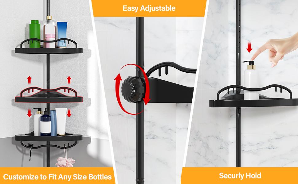 AGS Black Corner Shower Caddy Tension Pole - Heavy Duty Rustproof Stainless Steel Shower Organizer with 4 Adjustable Shelves, No-Drill Free Standing for Bathroom, Bathtub, RV,54" to 114" Tall