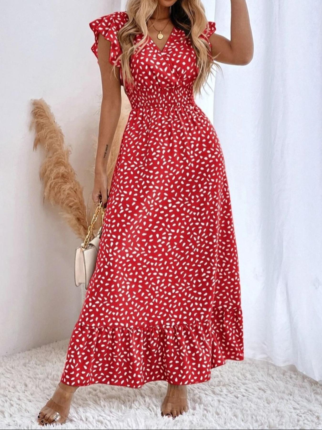 Women's All Over Print Ruffle Trim Butterfly Sleeve Long Dress, Boho Cap Sleeve V Neck Wrap A Line Dress for Holiday Vacation, Summer Outfits 2024, Ladies Dress for Summer