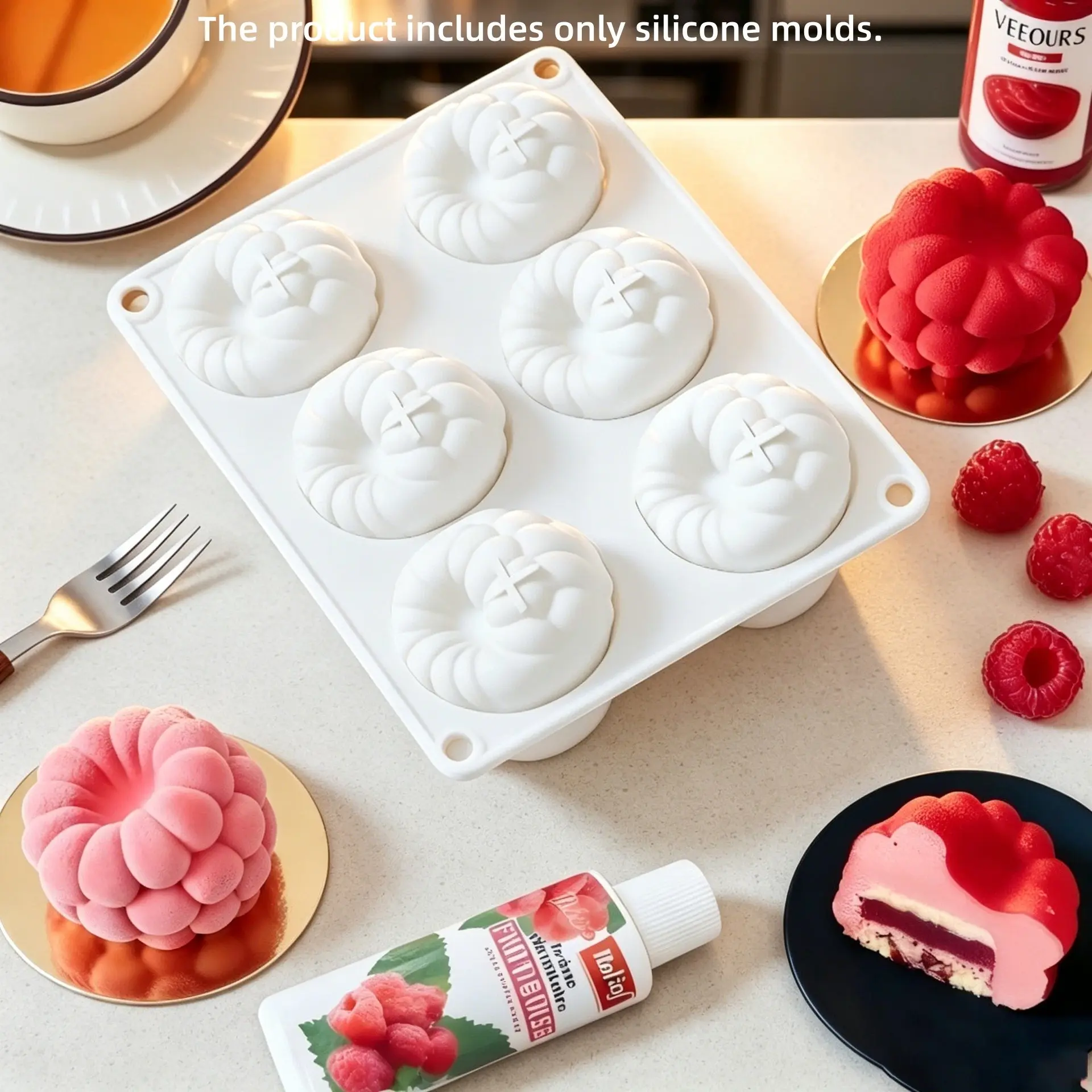 New 6-piece/24-piece set of large raspberry mousse cake silicone molds in the shape of apples. Perfect for mousse, cakes, and puddings, these versatile baking molds ensure easy release. Ideal for Christmas, winter parties, Christmas-themed dinners, as wel